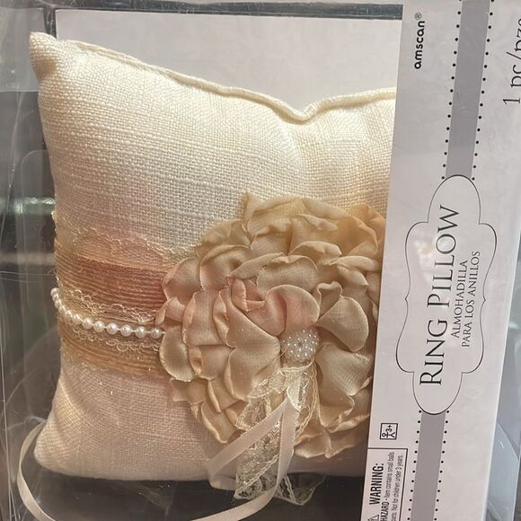 AMSCAN Wedding Ring Bearer Pillow Rustic Floral Beaded Off White & Beige - Picture 5 of 5